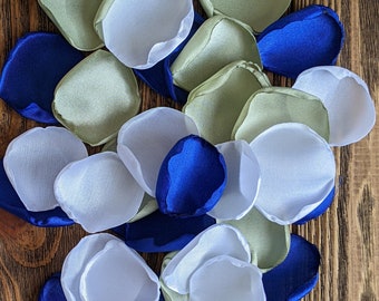 Royal blue and sage wedding decor flowers, rose petals for table, flower girl baskets, party cake table confetti, ceremony aisle runner toss