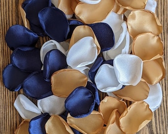 Navy and gold custom rose petals bulk that match flower bouquet, simple rustic modern wedding and bridal shower decor, boho party decor toss