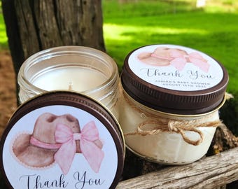 Cowgirl Baby Shower Favors – 4oz Personalized Soy Candle – Western Baby Girl Party Gift – Rustic Bridal Shower – Pink Cowboy Theme Favor
