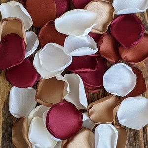 Burgundy rust rose petals boho wedding decor, rustic flowers for barn aisle runner, woodsy fall bridal shower, luxurious party decor ideas