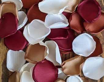 Burgundy rust rose petals boho wedding decor, rustic flowers for barn aisle runner, woodsy fall bridal shower, luxurious party decor ideas