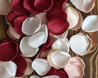 Ivory champagne blush pink and burgundy rose petals for aisle runner and wedding table centerpieces, flowers for flower girl and bride toss