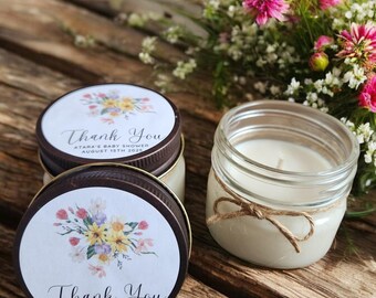 Wildflower Candle Favors – Bridal or Baby Shower Gift, 4 oz Soy Candle with Custom Label, Garden Theme, Floral Spring Party Favor