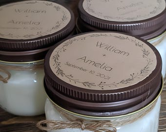 Mason Jar Candle Wedding Favors – Personalized Soy Candles for Guests, Custom Labels, Bridal Shower, Rustic Wedding Decor, 4 oz