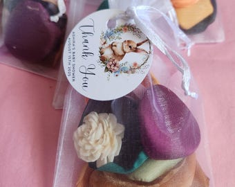 Bunny Rabbit Favor – Scented Sola Flower & Satin Petals in Organza Bag – Baby Shower or Woodland Party with Optional Tag