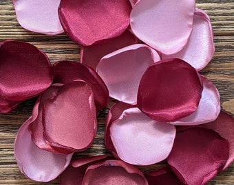 Dusty rose burgundy and cinnamon rose wedding petals bulk for flower girl baskets, petal patrol leaves for here comes the bride entrance