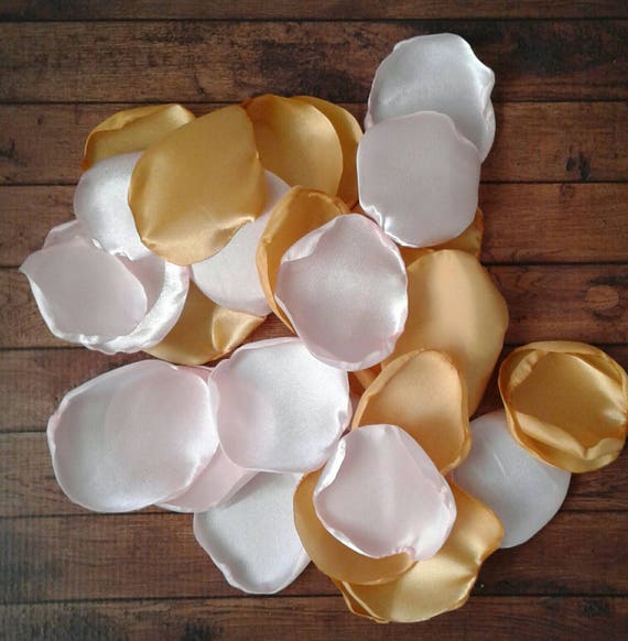 Blush pink and Gold rose petals for wedding decor, Air balloon baby girl shower decorations, forest woodland flower girl accessories ideas.
