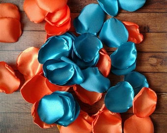 Dark turquoise and burnt orange rose petals for wedding table scatter, flower girl accessories, cake topper decorations, photography props
