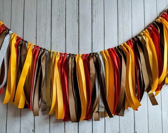 Brown red and yellow ribbon garland, rustic wedding decorations, ribbon garland backdrop, fall garland, party decor, banner thanksgiving