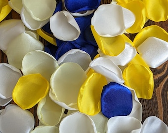 Wedding Flowers, Bridal Petals, Royal blue Yellow Sunflower Wedding Decor, Rustic Boho Aisle Runner, Flower Girl Petals for Basket