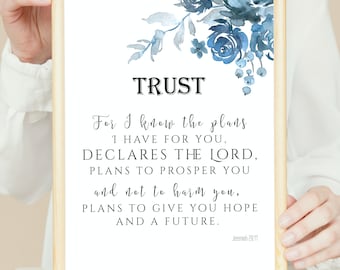 Jeremiah 29:11 Christian Printable Wall Art – Blue Watercolor Floral Scripture Decor, Encouragement Bible Verse Digital Download