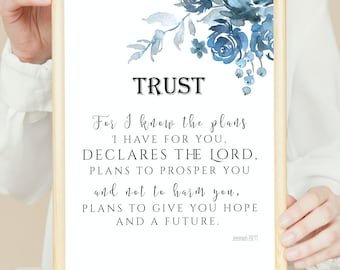 Christian wall art decor, Jeremiah 29:11, encouragement motivational print, scriptures PRINTABLE, Bible verse, blue watercolor flowers