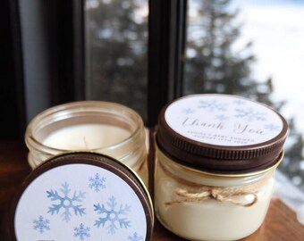 Winter Snowflake Candle Favor – Personalized 4oz Soy Candle – Custom Holiday, Bridal Shower, Winter Wedding Favor – Non-Toxic & Gift-Ready