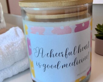 A Cheerful Heart is Good Medicine Candle – Proverbs 17:22 – 8oz Soy Candle – Joyful Gift – Christian Encouragement – Bible Verse Decor