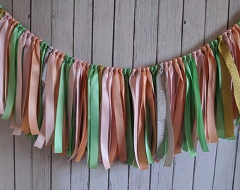 Party garland, Mint Peach blush ribbon garland, ribbon banner, nursery decoration, smash cake decor, baby shower decor, high chair banner
