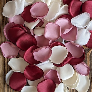 Burgundy and mauve rose petals that match bridal bouquet and bridesmaid dresses, wedding shower decorations, flower girl petals for baskets
