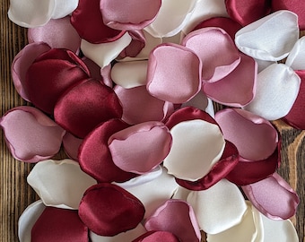 Burgundy and mauve rose petals that match bridal bouquet and bridesmaid dresses-wedding shower decorations-flower girl petals for baskets