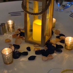May include: A wooden lantern with a glass pane and a rope handle, containing a lit candle. The lantern is surrounded by scattered rose petals and small votive candles on a white tablecloth.