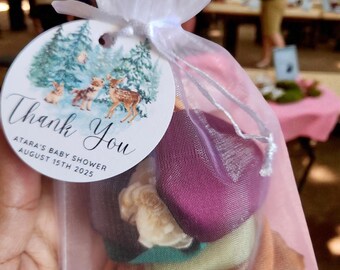 Winter Woodland Favor with Satin Rose Petals & Sola Flower – Enchanted Forest Baby Shower Gift – Snow Theme Wedding Sachet