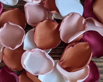 Fall rustic wedding table decor, desert terracotta cream rose gold and burgundy rose petals for party decorations, flower girl confetti toss