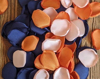 Navy burnt orange and peach rose petals for wedding and engagement decor, fall bridal shower floral confetti, entrance aisle runner flowers