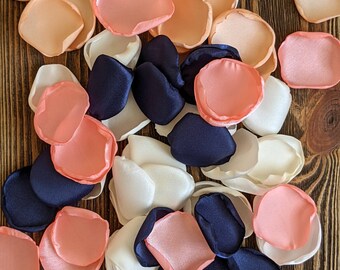 Coral navy and peach rose petals bulk for wedding decoration- aisle runner and bridal shower table runner confetti-flowers and leaves toss