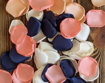 Coral navy and peach rose petals bulk for wedding decoration, aisle runner and bridal shower table runner confetti, flowers and leaves toss