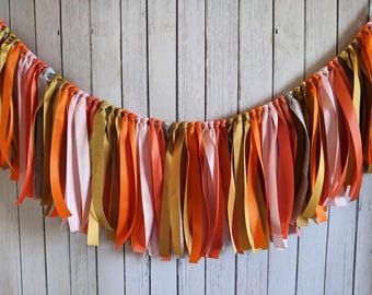 Tropical Ribbon Garland – Coral & Gold Party Banner, Baby Shower Decor, 1st Birthday High Chair Decoration, Luau Backdrop