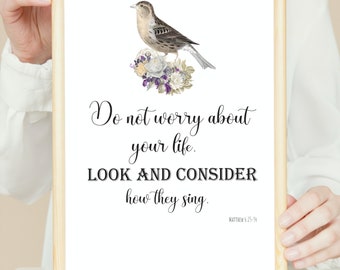 Matthew 6:25-34 'Do Not Worry' Christian Printable Wall Art – Bird Illustration, Scripture Decor, Encouragement Digital Download