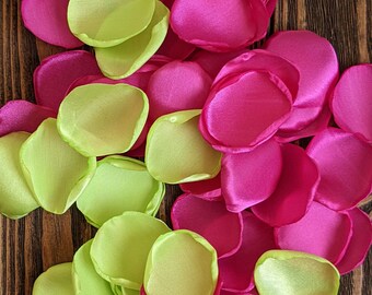 Summer lime or apple green and fuchsia wedding rose petals, confetti for flower girl baskets, hot pink and green floral toss for table decor