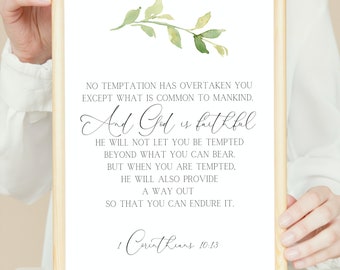 1 Corinthians 10:13 Botanical Christian Wall Art – Encouragement Scripture Printable, Greenery Bible Verse Decor for Living Room or Bedroom