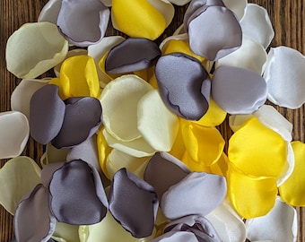 Wedding decor, Gray yellow rose petals, flower girl petals for baskets, bridal shower toss, chic rustic wedding aisle fake leaves or flowers