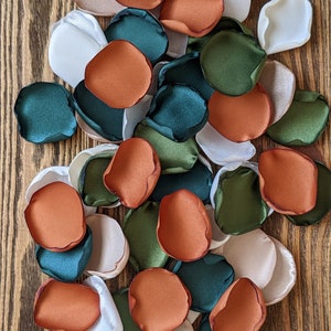 Terracotta olive emerald rose petals, flower girl baskets, rustic bohemian wedding aisle runner decor, fall woodland bridal shower tossing