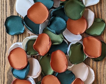 Terracotta olive emerald rose petals, flower girl baskets, rustic bohemian wedding aisle runner decor, fall woodland bridal shower tossing
