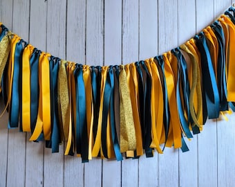 Teal and yellow garland, ribbon garland, 1st birthday boy decorations, ribbon garland backdrop, baby boy shower, party decor, high chair