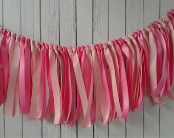 Pink ribbon garland-baby girl shower decoration-high chair banner-first year banner-garland backdrop-pink photo prop-ribbon garland decor