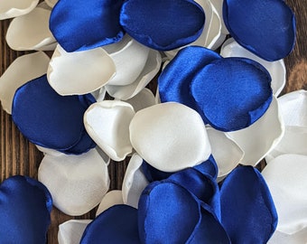 Royal blue wedding flowers, flower girl confetti for baskets, aisle runner border pew markers ideas, simple decoration, bridesmaid proposal