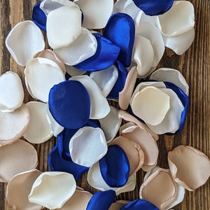 Royal blue champagne wedding decor, rustic barn fake flowers, rose petals, flower girl accessories, bridal shower toss, simple centerpieces