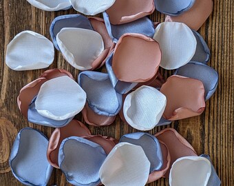 Dusty blue and rose gold wedding rose petals bulk, custom artificial flowers for scatter around centerpieces or to fill flower girl baskets