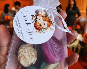 Pumpkin Fall Favor – Sola Flower with Satin Petals, Scent & Organza Bag – Rustic Autumn Baby Shower or Bridal Tag Option