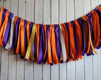 Party decor-purple and orange garland-ribbon garland-bridal shower decorations-ribbon garland backdrop-football  party-basketball decoration