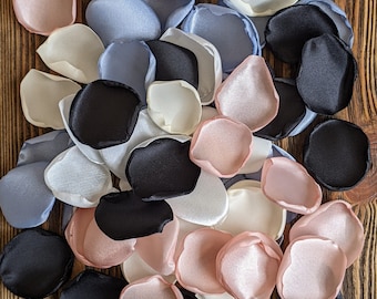 Dusty blue black blush pink mix of rose petals for wedding decor, whimsical bridal shower decoration, blue modern farmhouse flower girl toss