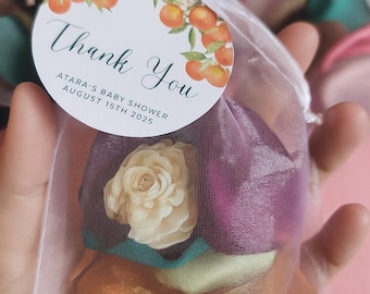 Orange Citrus Sachet Favor – Tangerine Wedding Shower Gift, Satin Petals, Sola Flower, Custom Fragrance, Citrus Party Favor Bag