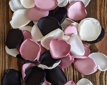 Mauve and black rose petals for wedding sign floor scatter decor, bridal shower confetti, flower girl and aisle runner flowers or leaves