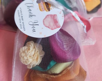 Diaper Donut Favor – Scented Petals & Sola Flower in Organza Bag with Optional Tag – Baby Shower Decor or Guest Gift