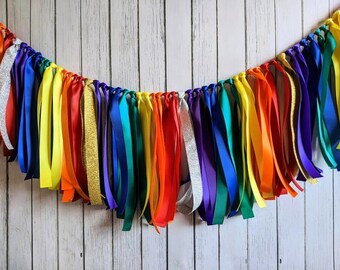 Custom Rainbow Ribbon Garland – Handmade Fabric Banner for Baby Showers, Birthdays, High Chair Decor & Party Backdrops