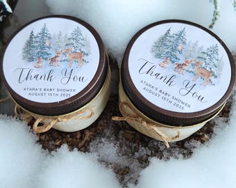 Winter Wonderland Candle Favors – Personalized 4 oz Soy Candle, Holiday Bridal or Baby Shower Gift, Christmas Wedding Guest Favor