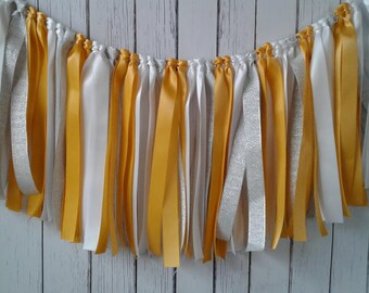 Party ribbon garland for party table skirt, yellow white sunshine decorations, garland for wedding photo prop, custom bridal shower banner