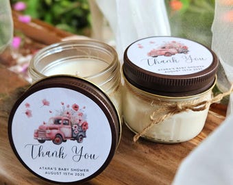Spring Truck Baby Shower Favor – 4oz Soy Candle – Girl Baby Shower Gift – Floral Truck Candle – Custom Spring Favor – Pink Baby Shower Decor
