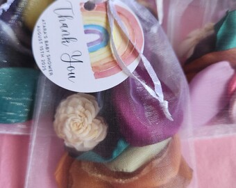 Pastel Rainbow Favor – Scented Sola Flower & Satin Petals in Organza Bag with Optional Tag – Baby Shower or Birthday Gift